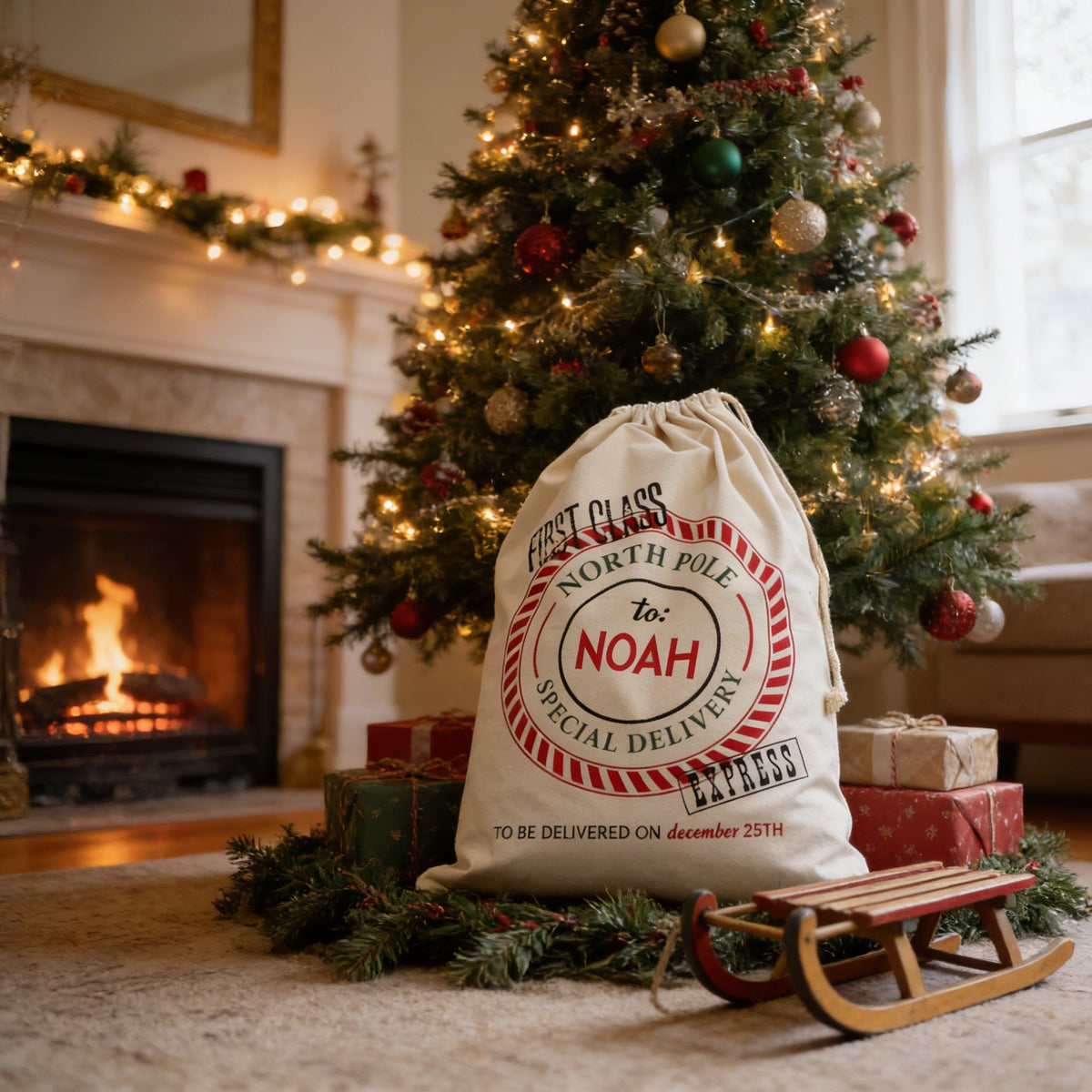 Cream canvas drawstring Santa bag with North Pole seal for Noah, standing upright.
