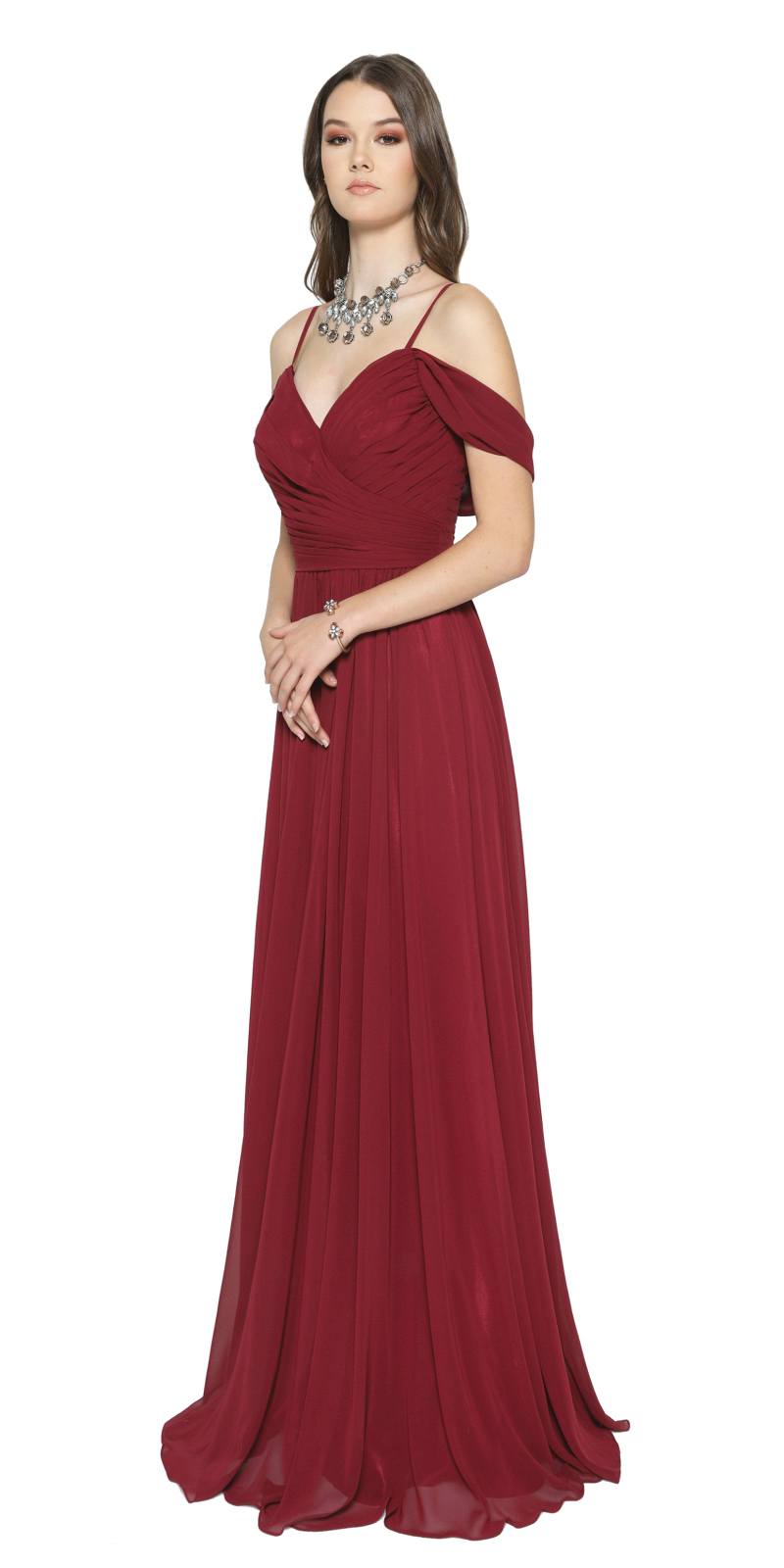Burgundy cold-shoulder formal A-line dress with off-shoulder strap and draped bodice