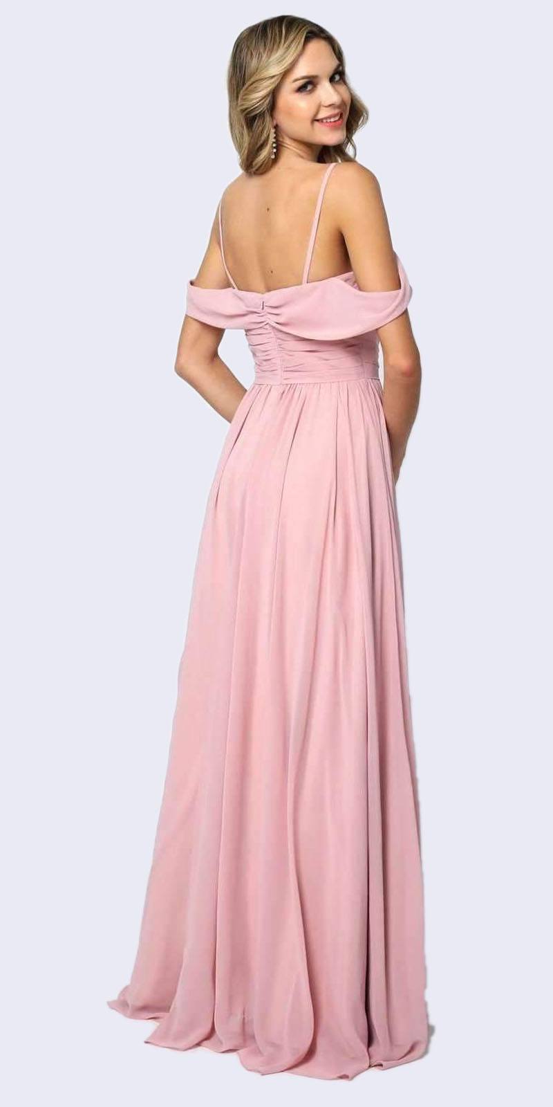 Dusty rose cold-shoulder formal A-line dress with one-shoulder detail and pleated skirt