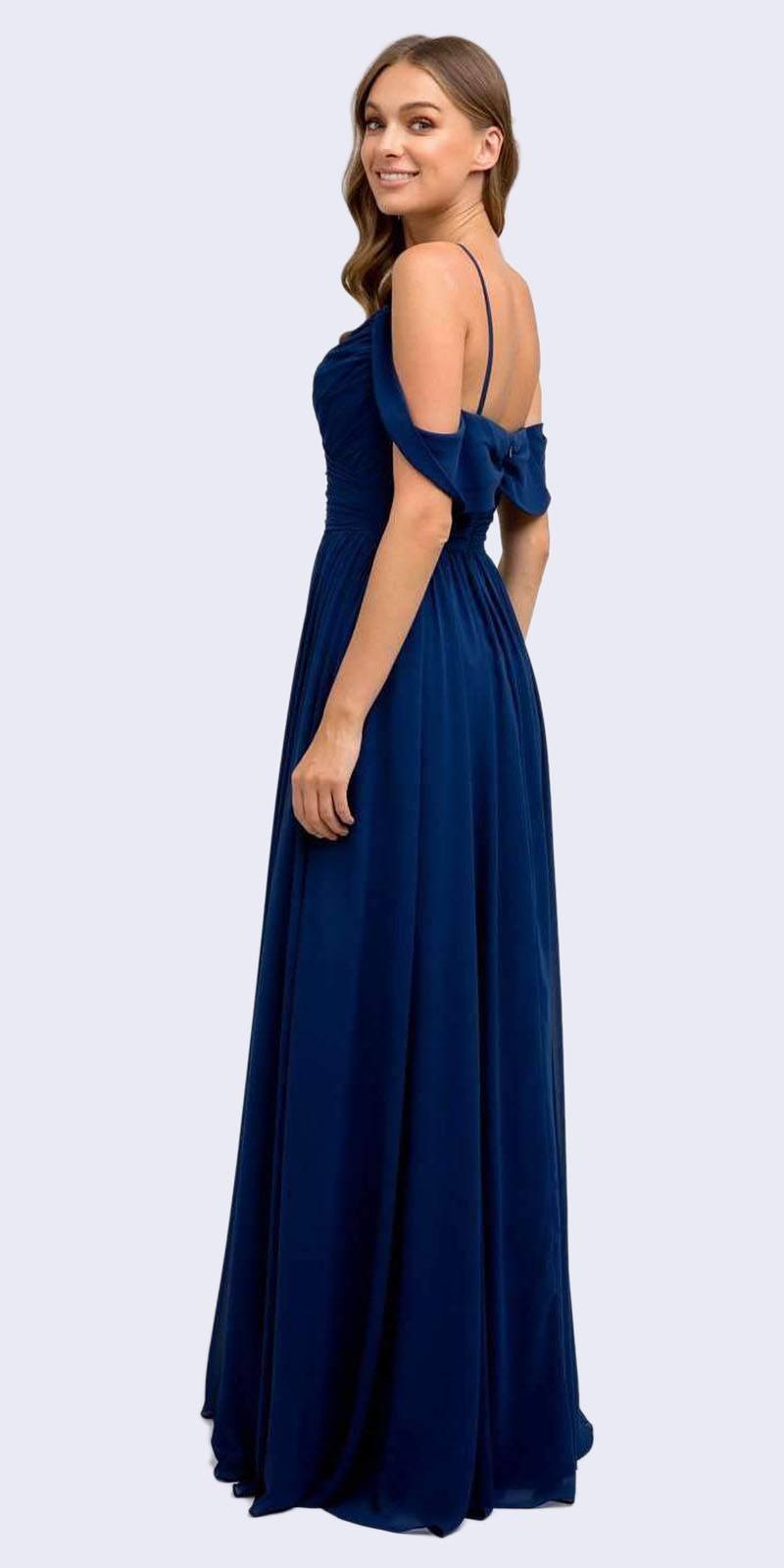 Navy cold-shoulder formal A-line dress, draped skirt and shoulder tie details