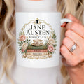Literary reader mug with Jane Austen Book Club graphic in gold and roses