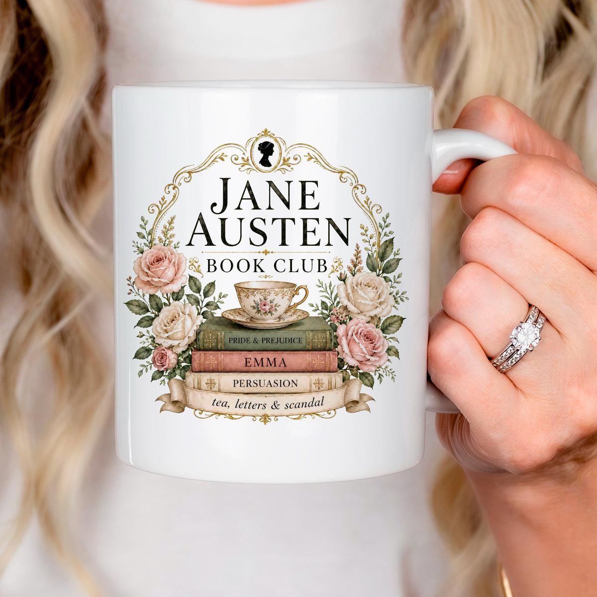Literary reader mug with Jane Austen Book Club graphic in gold and roses