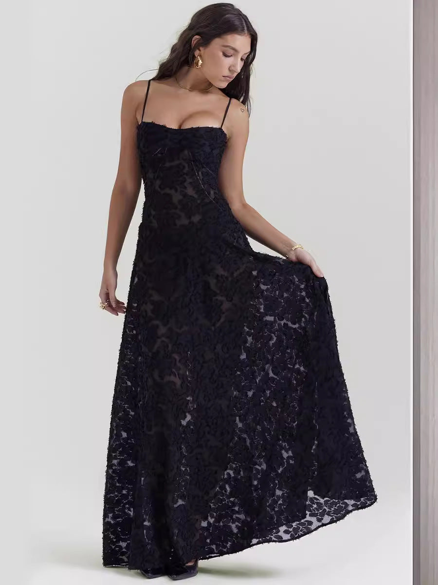 Black lace suspender dress with floral pattern, square neckline, A-line long skirt