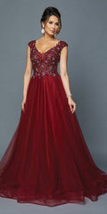 Burgundy long formal dress with cap sleeves and sparkling beaded appliques