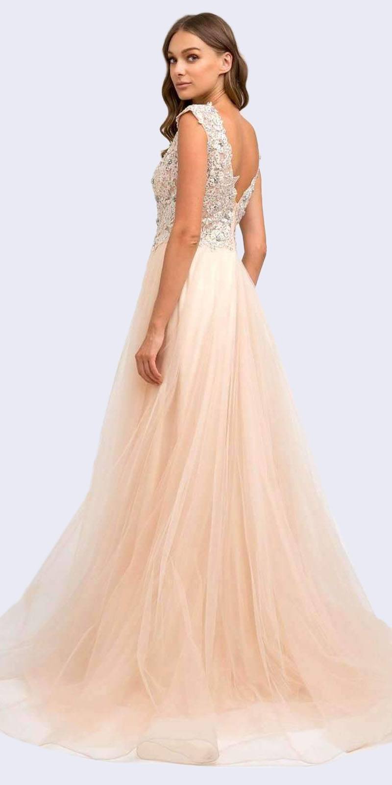 Champagne long formal dress with cap sleeves, embellished bodice, and full tulle skirt