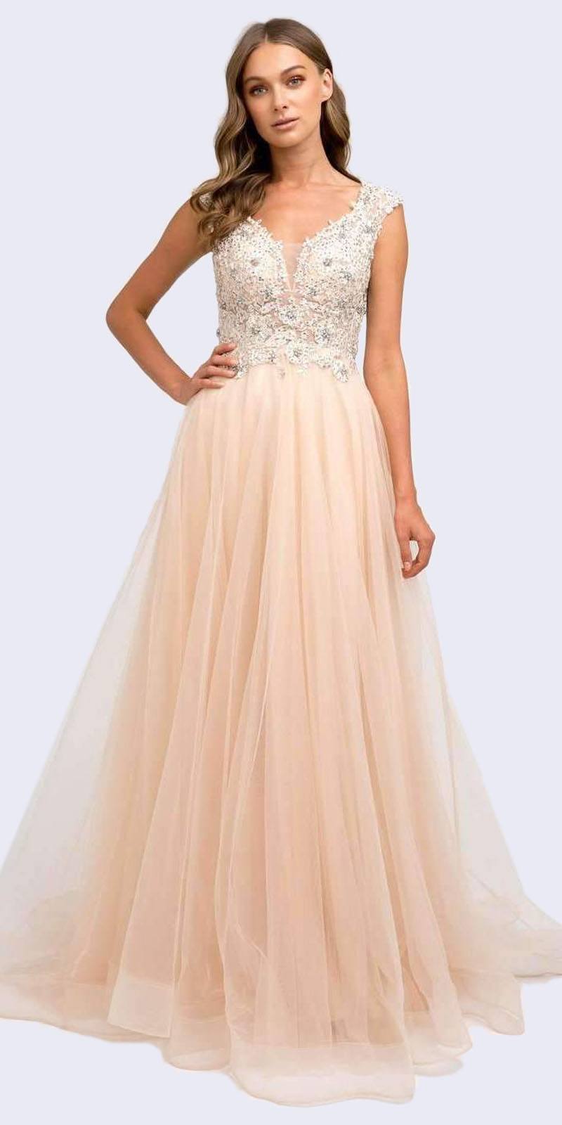 Champagne long formal dress with cap sleeves and embellished V-neck bodice