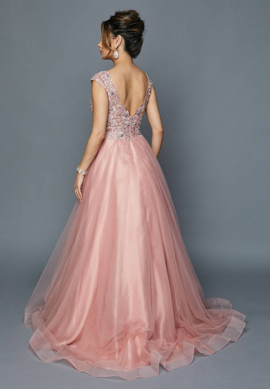 Rose long formal dress from back with open back and embellished appliques bodice