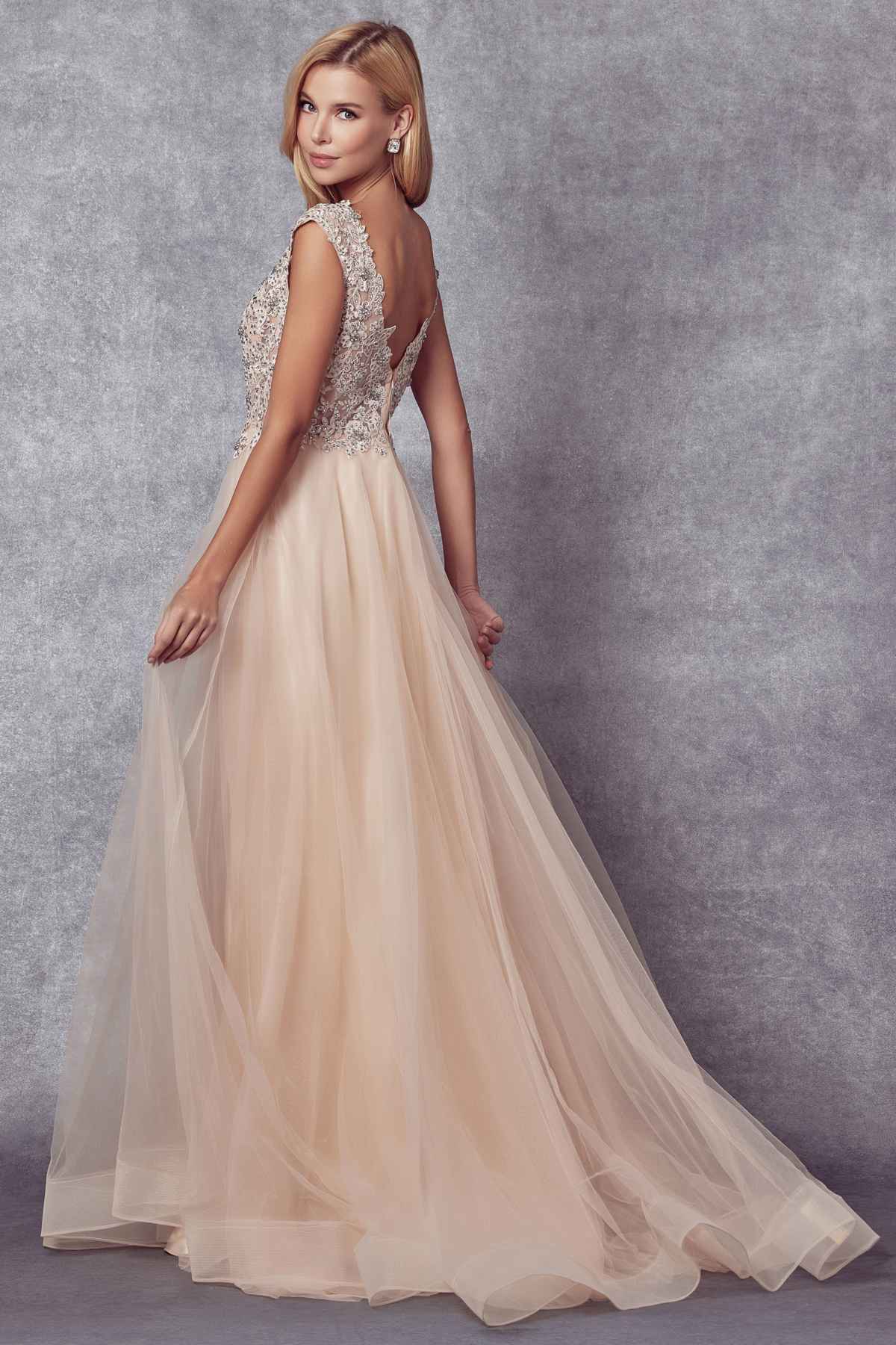 Champagne long formal dress with cap sleeves and sparkling appliques on bodice