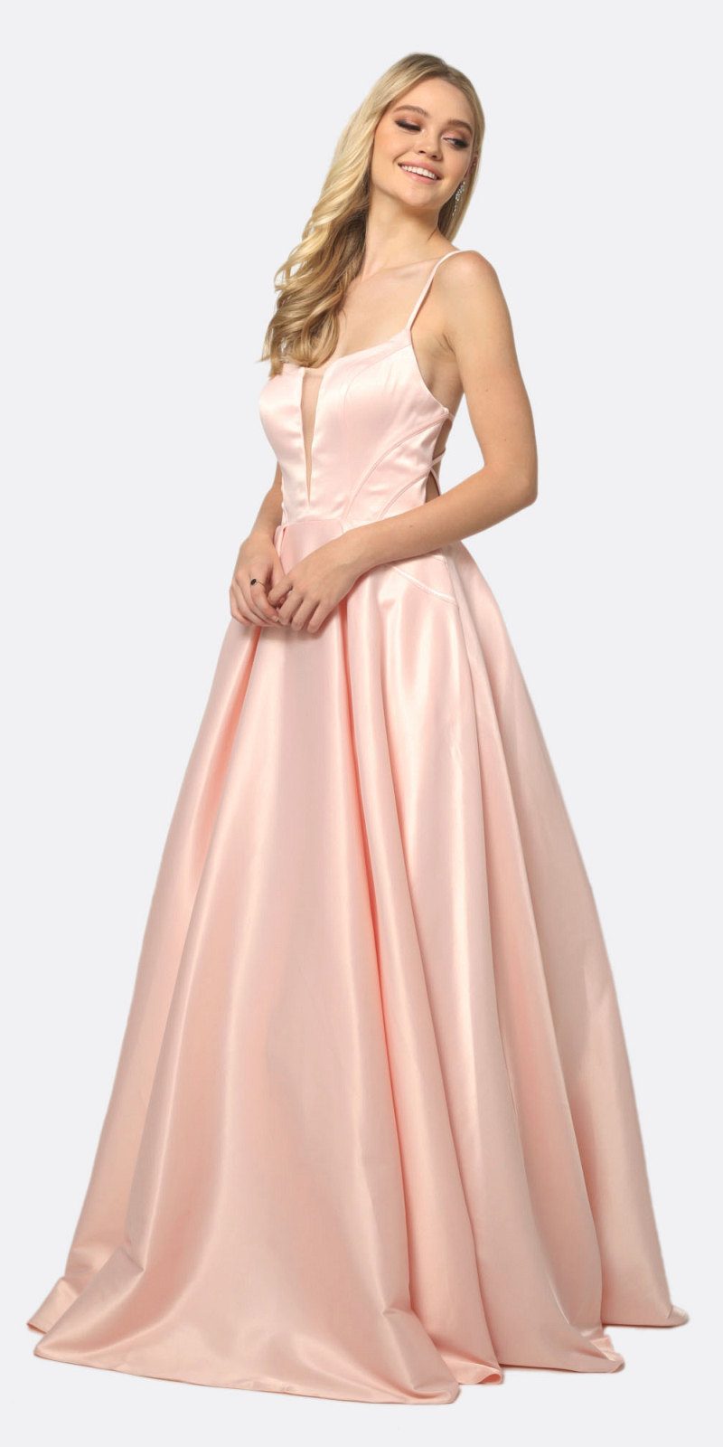 Blush shiny satin A-line prom gown with spaghetti straps and full floor-length skirt