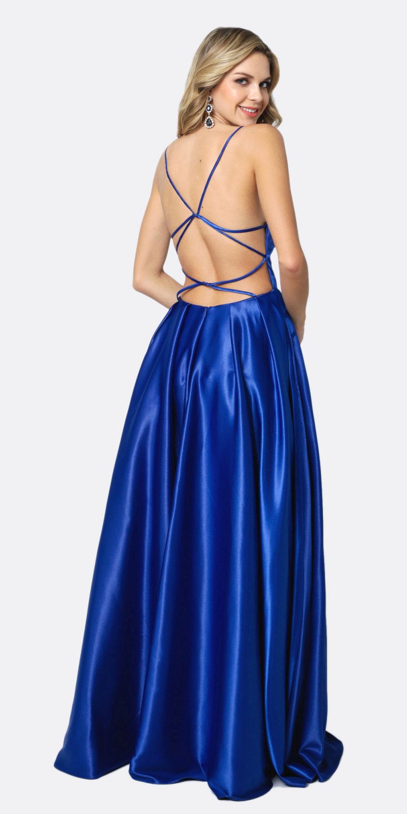 Blue shiny satin prom gown with crisscross back straps and flowing A-line skirt