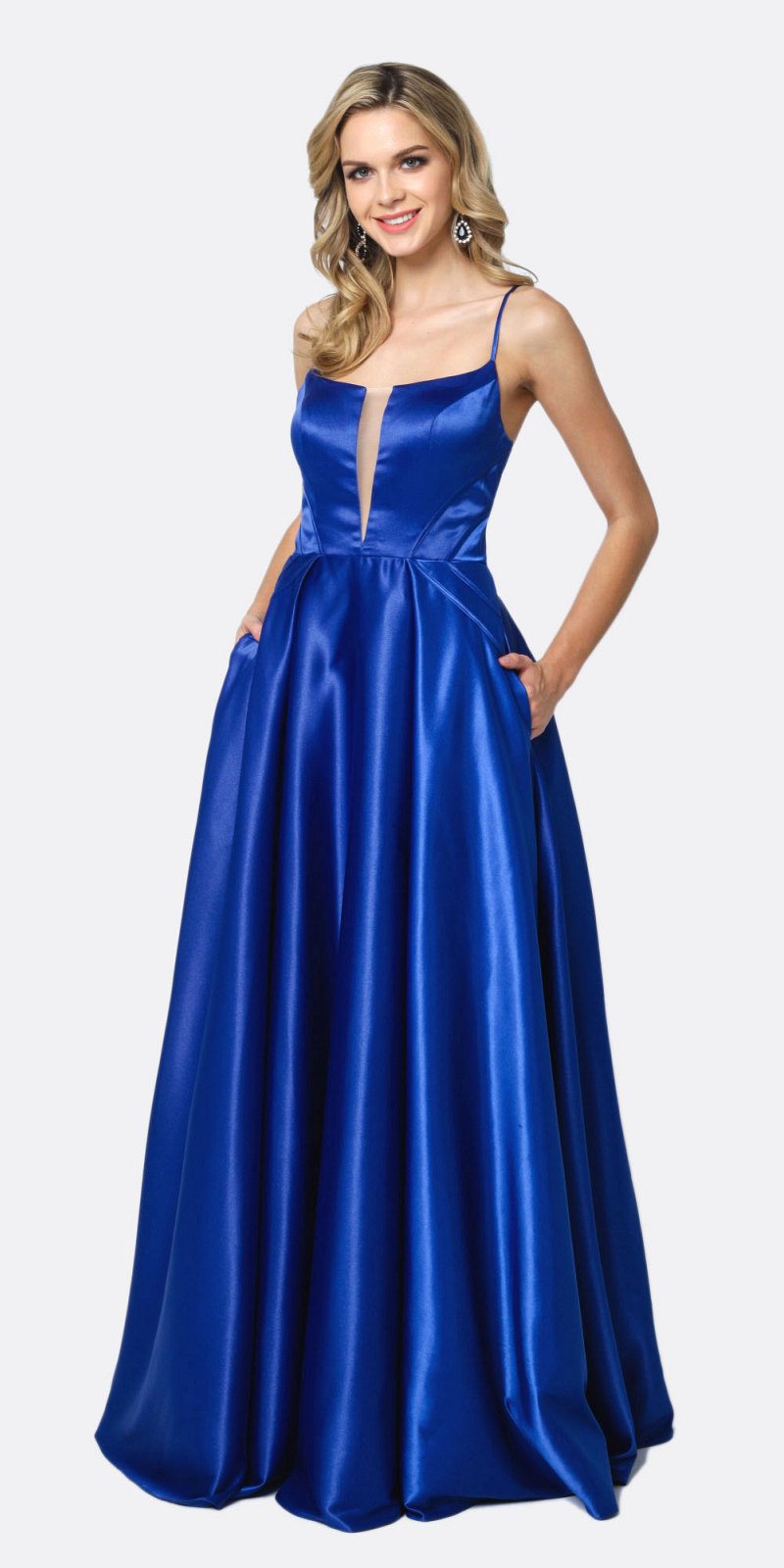 Blue shiny satin A-line prom gown with spaghetti straps and gathered skirt