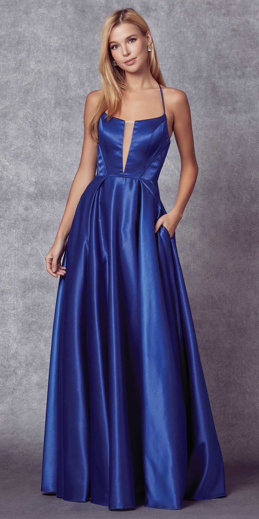 Blue shiny satin A-line prom gown with spaghetti straps and fitted bodice
