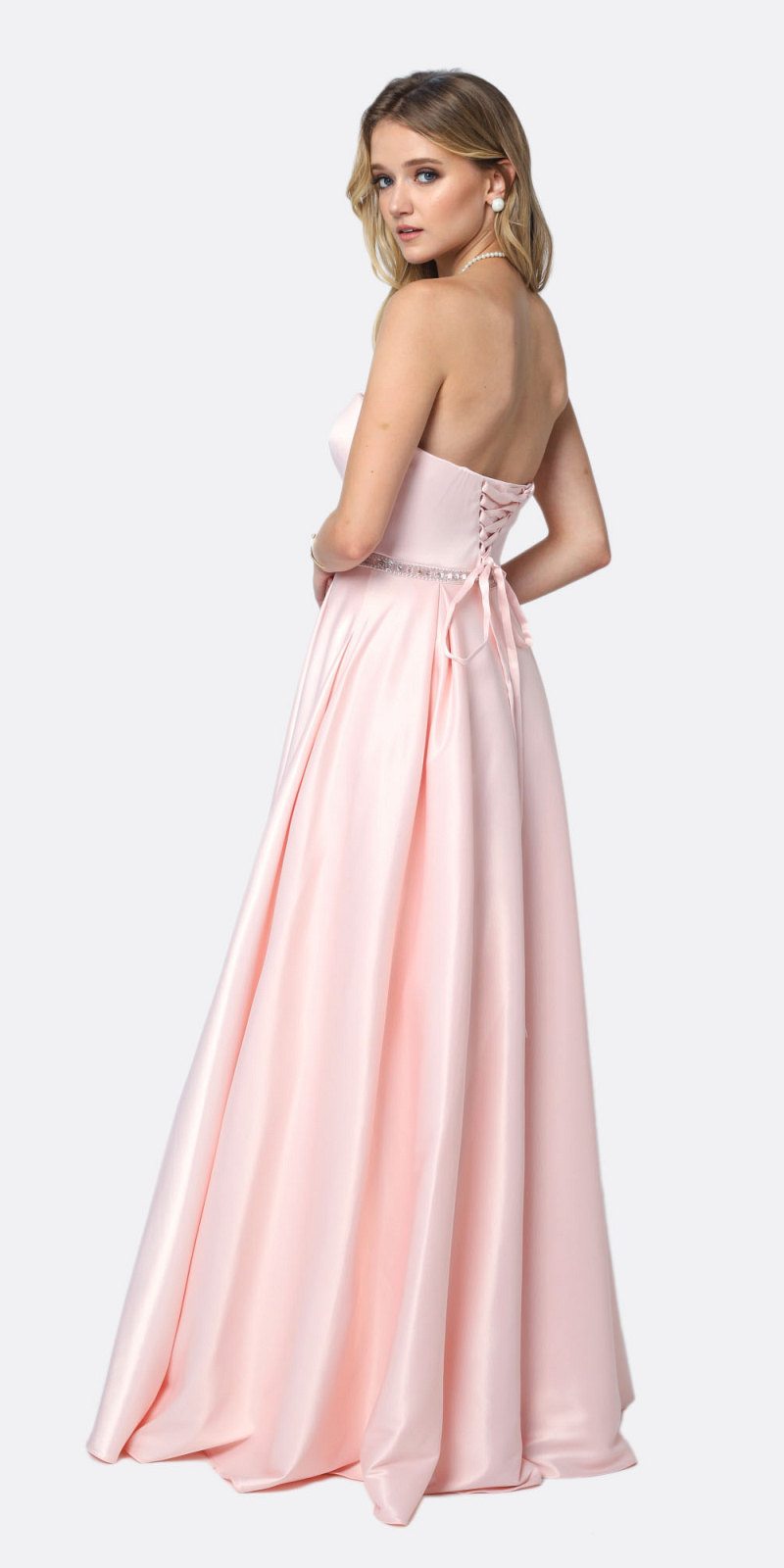 Blush satin A-line strapless gown with beaded waist belt, back detail