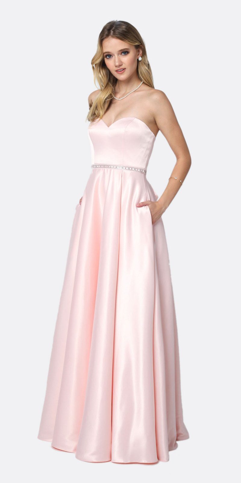 Blush satin A-line strapless gown with beaded waist belt, front view