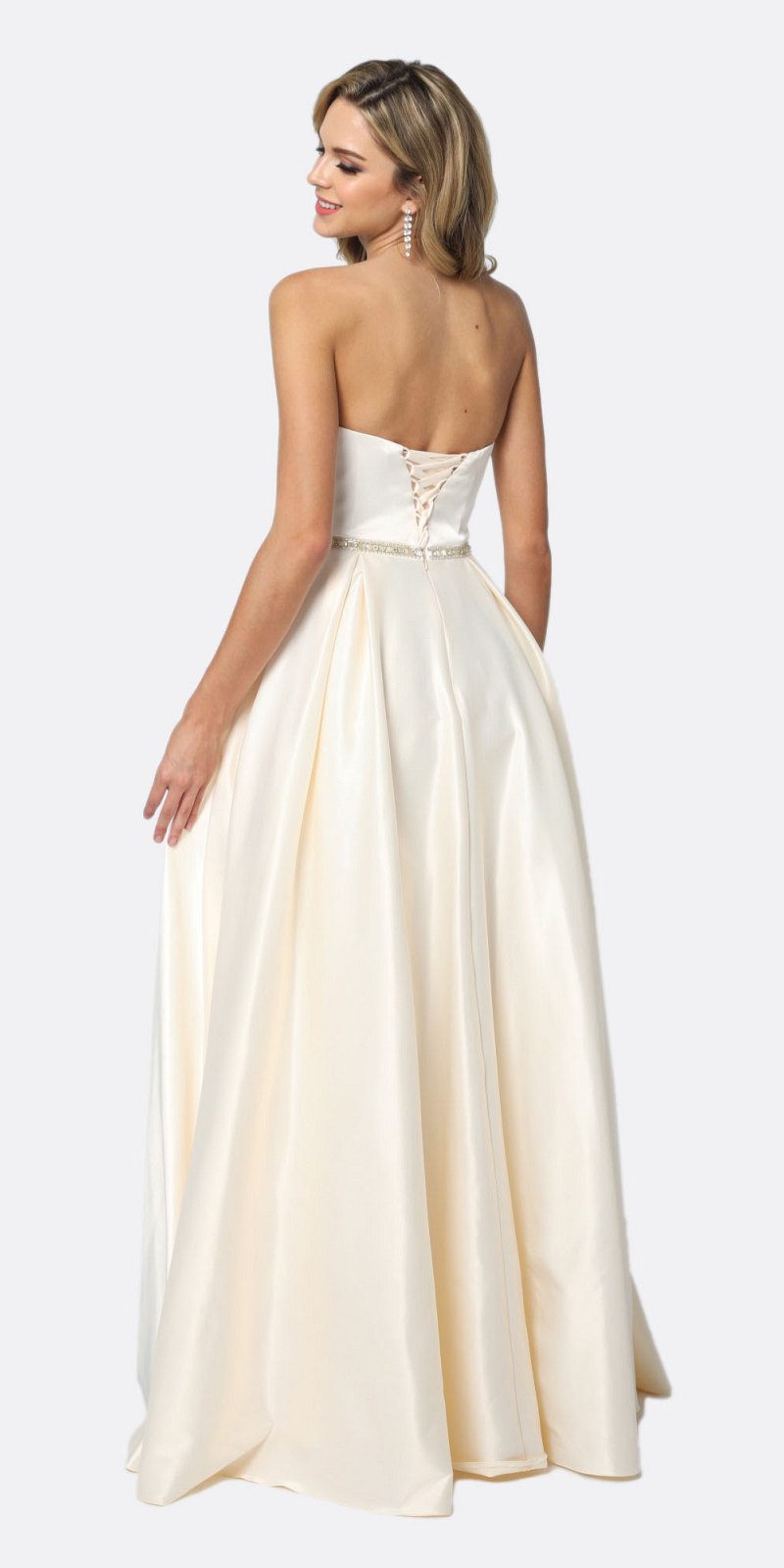 Champagne satin A-line gown with beaded waist belt, open back