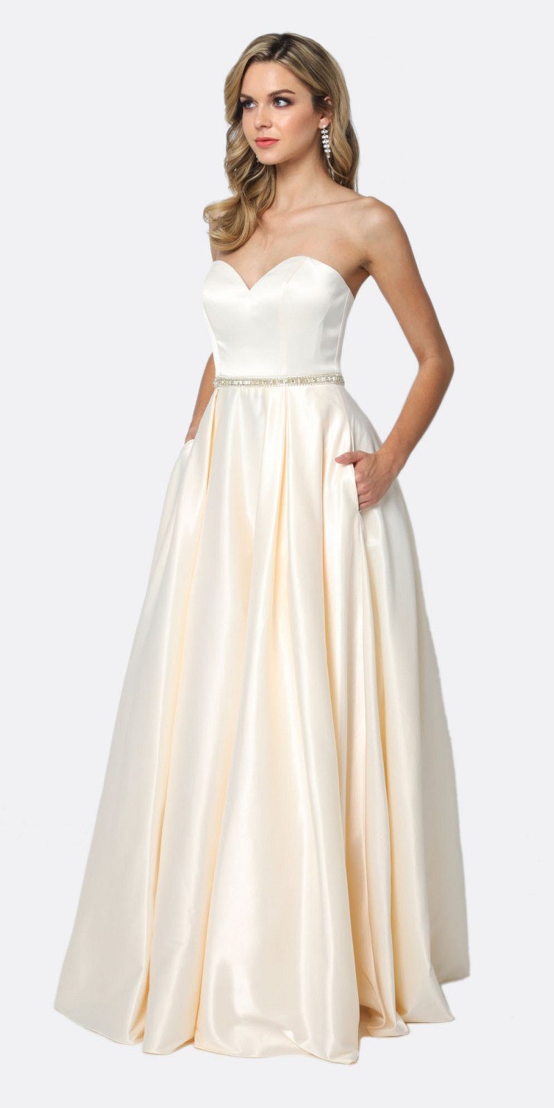 Champagne satin A-line strapless gown with beaded waist belt, front view