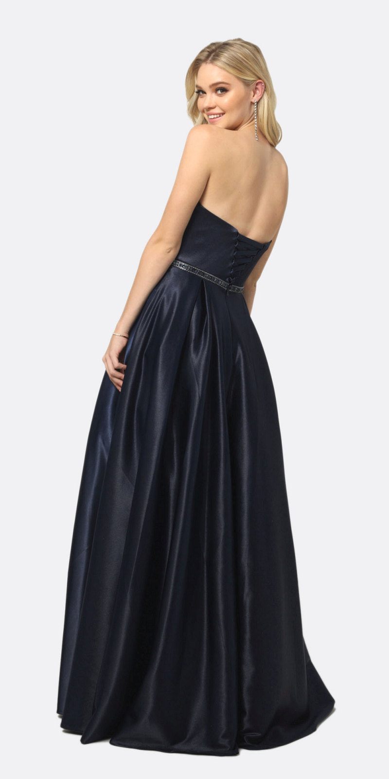 Navy satin A-line strapless gown with beaded waist belt, angled back view
