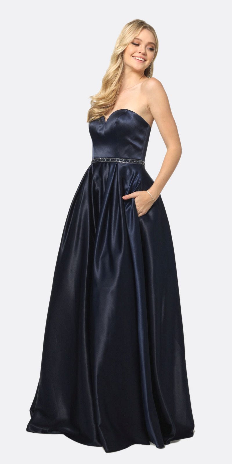 Navy satin A-line strapless gown with beaded waist belt, full front