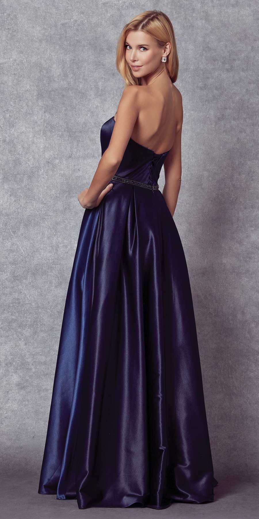 Navy satin A-line strapless gown with beaded waist belt, side view