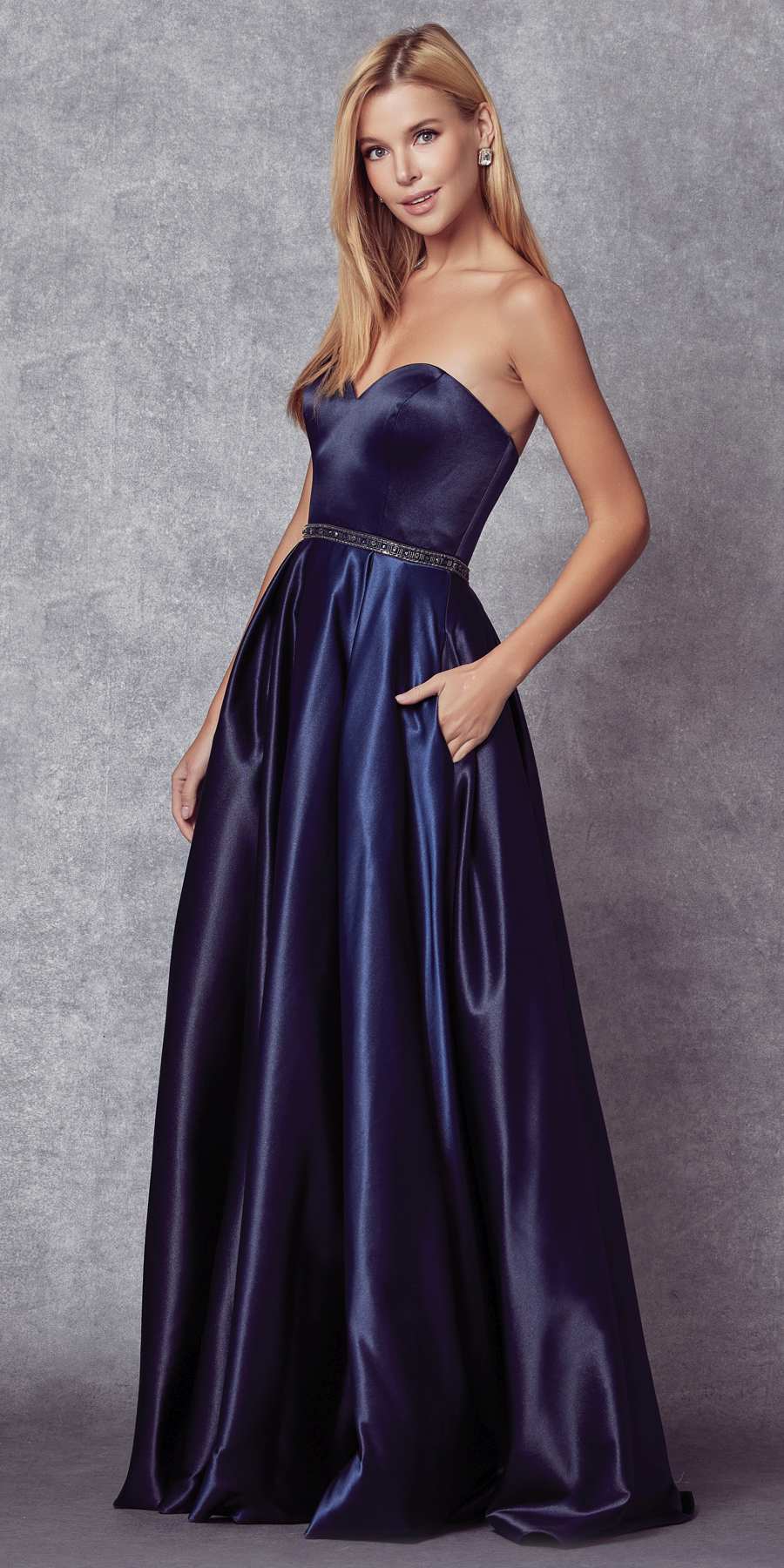 Navy satin A-line strapless gown with beaded waist belt, front view