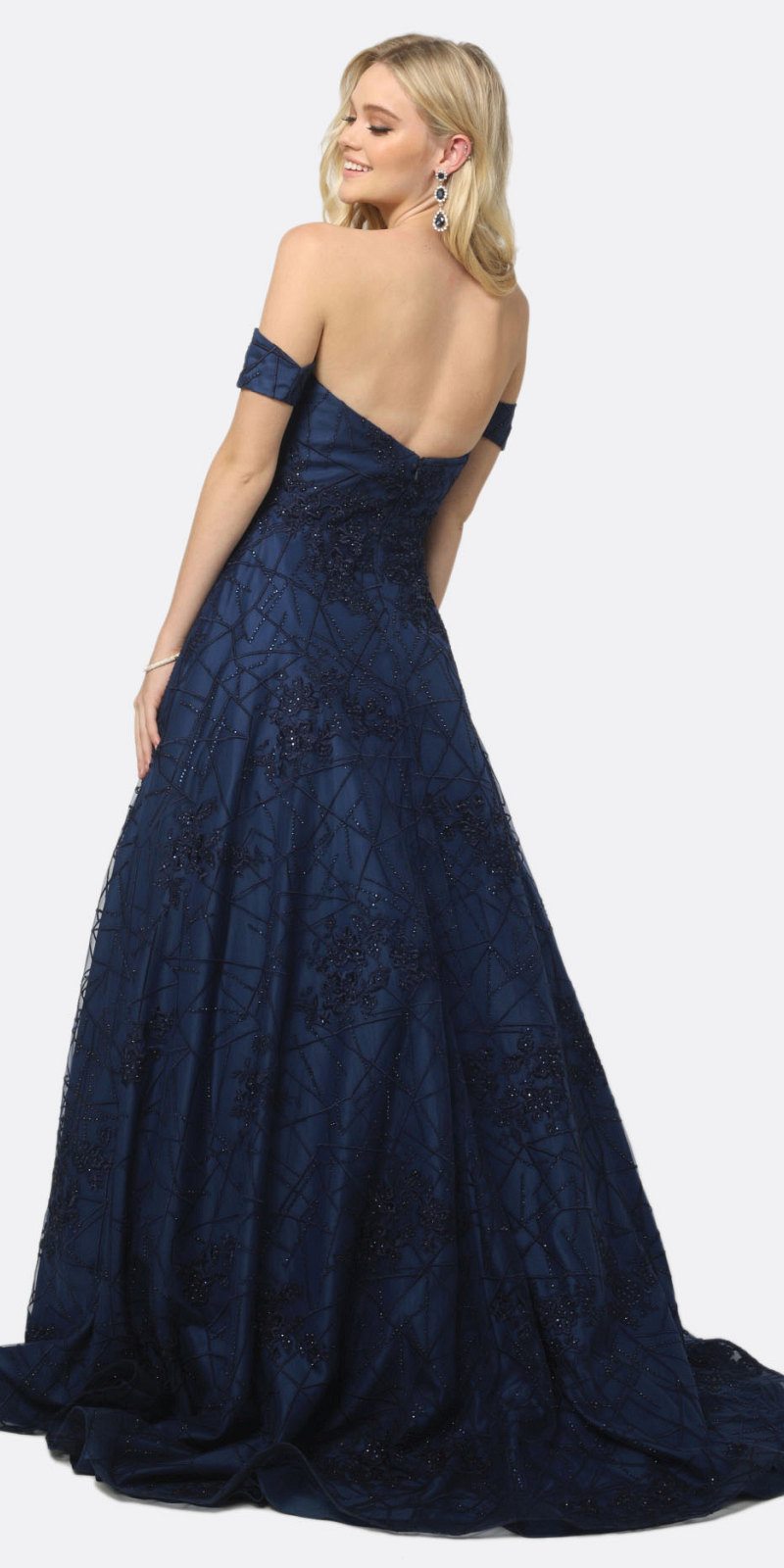 Navy blue long ball gown dress, back view, strapless sweetheart bodice and embroidered lace skirt