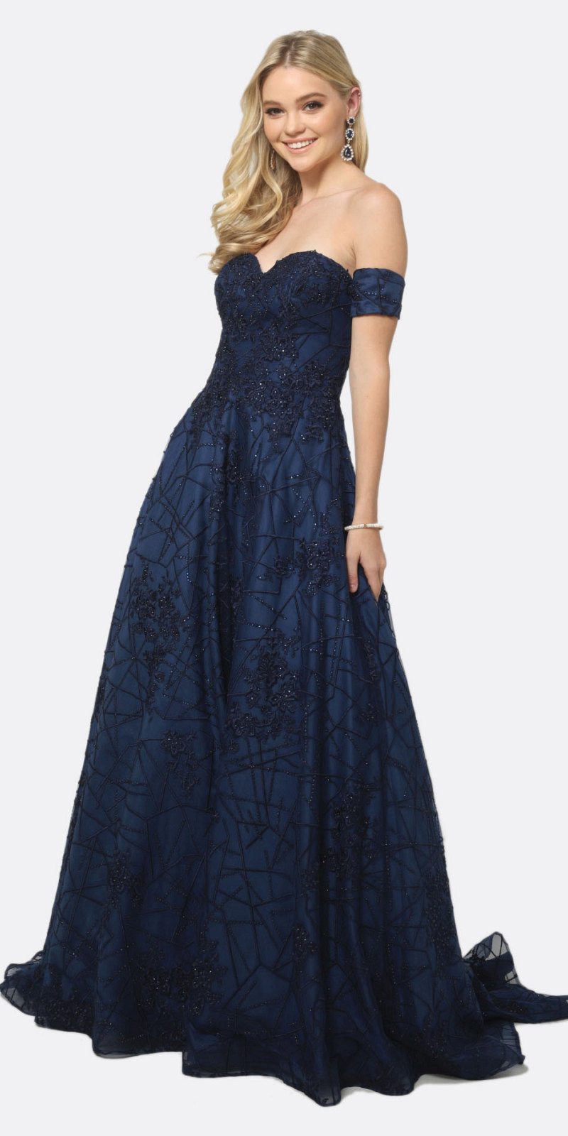 Navy blue long ball gown dress with strapless sweetheart bodice and embroidered lace skirt
