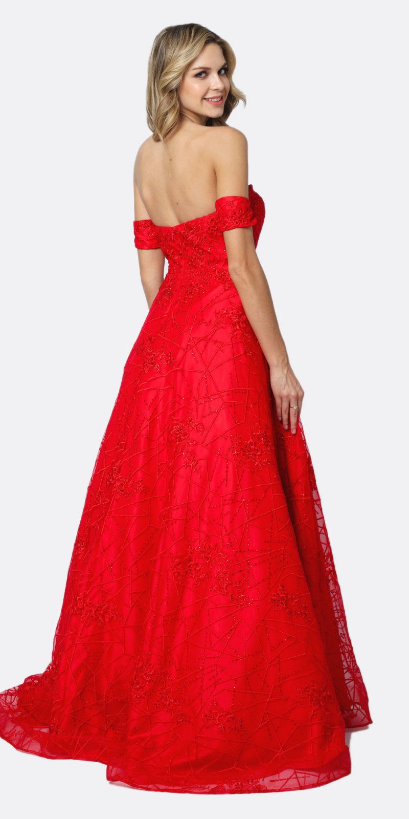Red long ball gown dress, back angle, strapless sweetheart bodice with arm bands