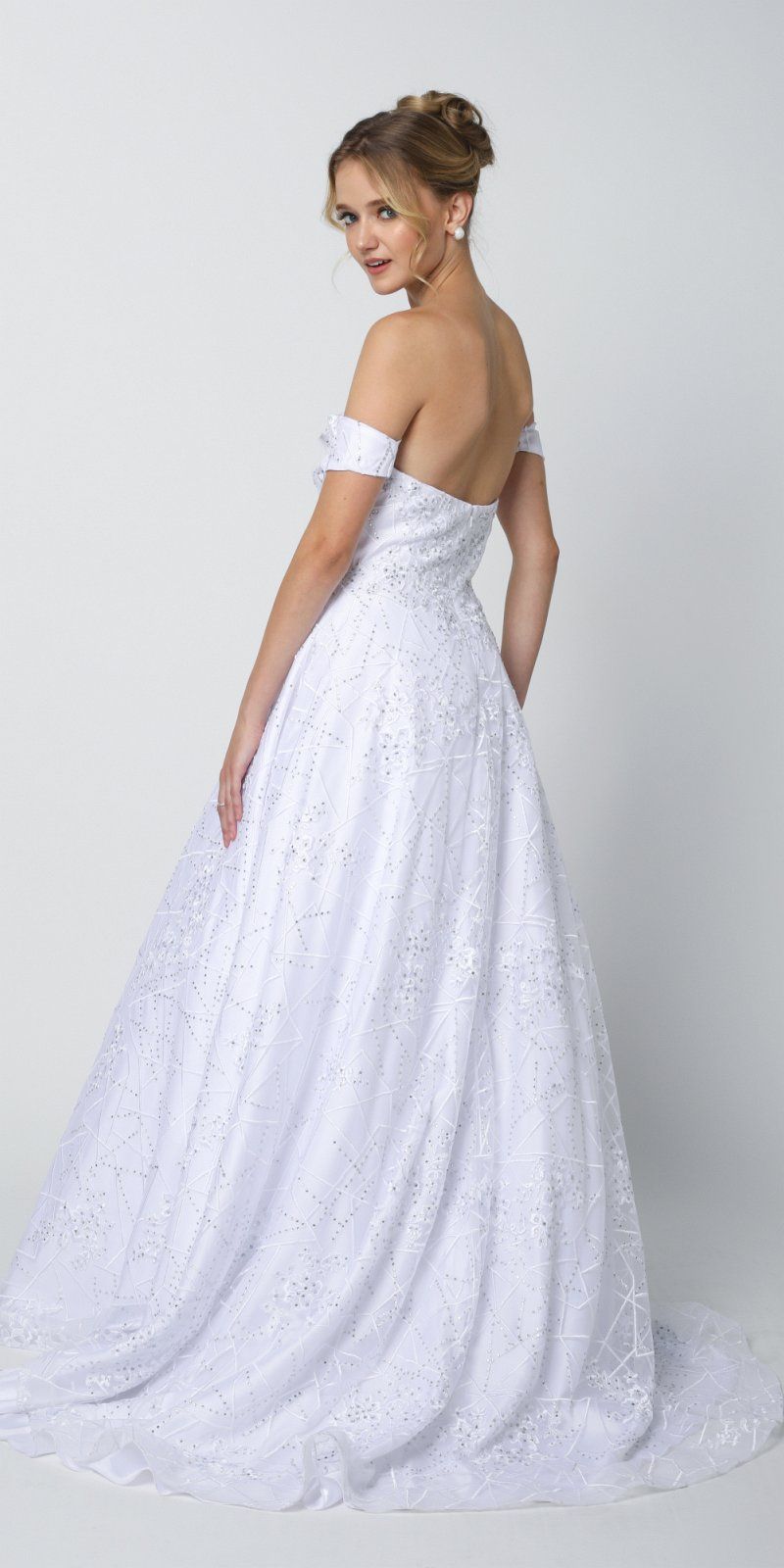 White long ball gown dress, back view, strapless sweetheart bodice with arm bands