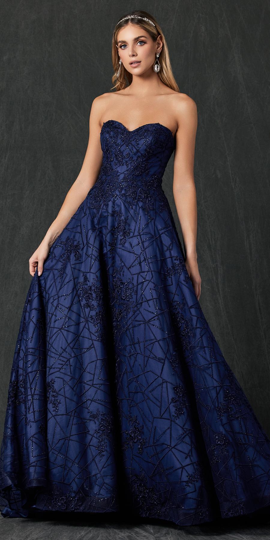Navy blue long ball gown dress with strapless sweetheart bodice and textured embroidered lace