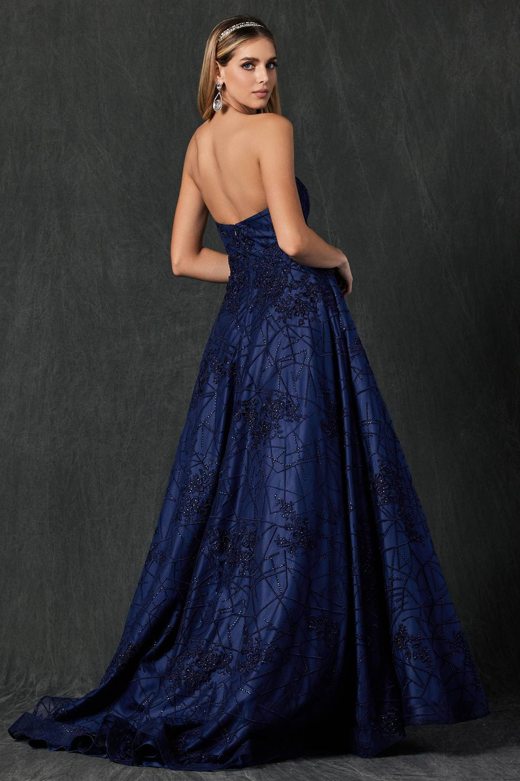 Navy blue long ball gown dress, back angle, strapless sweetheart bodice and embroidered lace