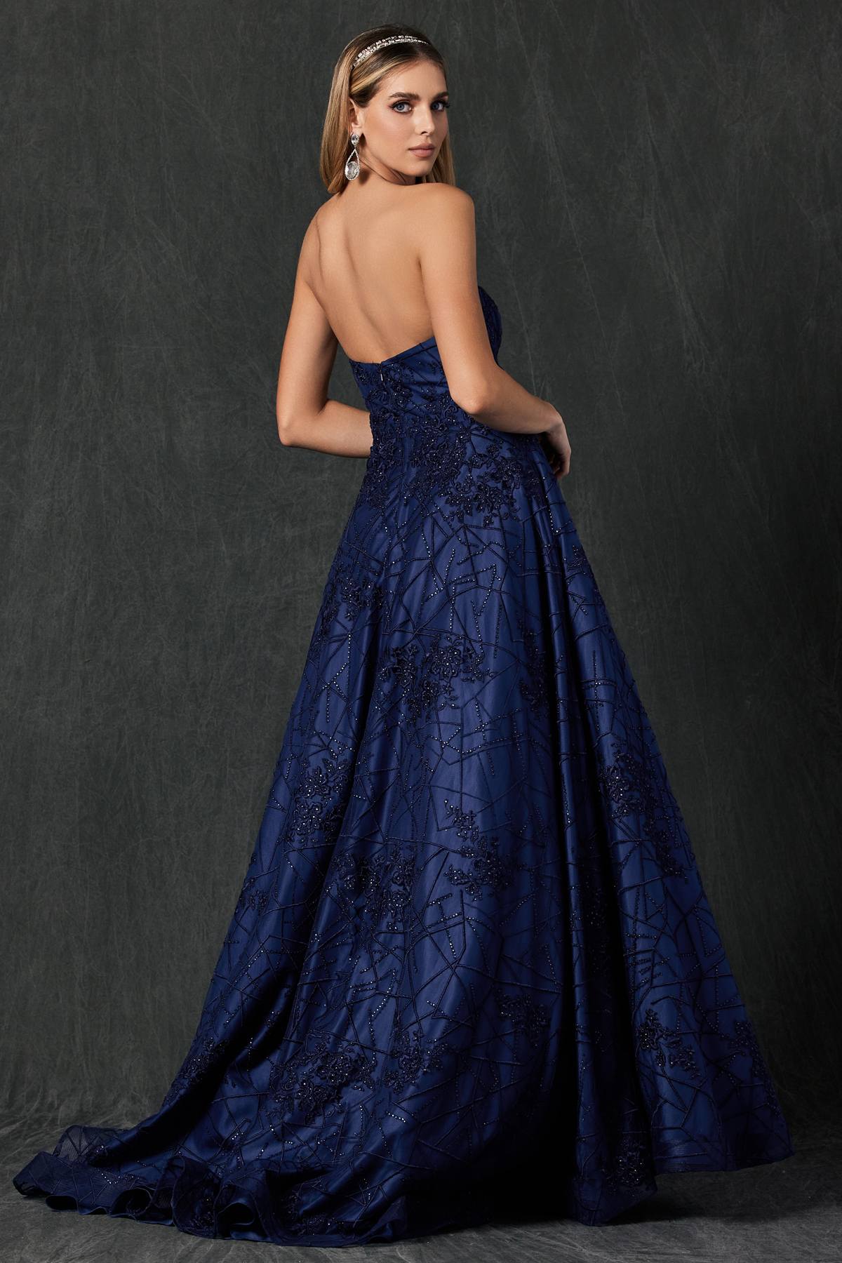 Navy blue long ball gown dress, back angle, strapless sweetheart bodice and embroidered lace