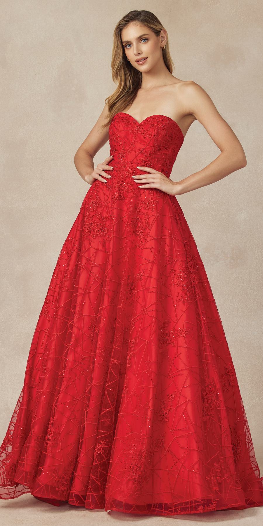 Red long ball gown dress with strapless sweetheart bodice and embroidered lace skirt
