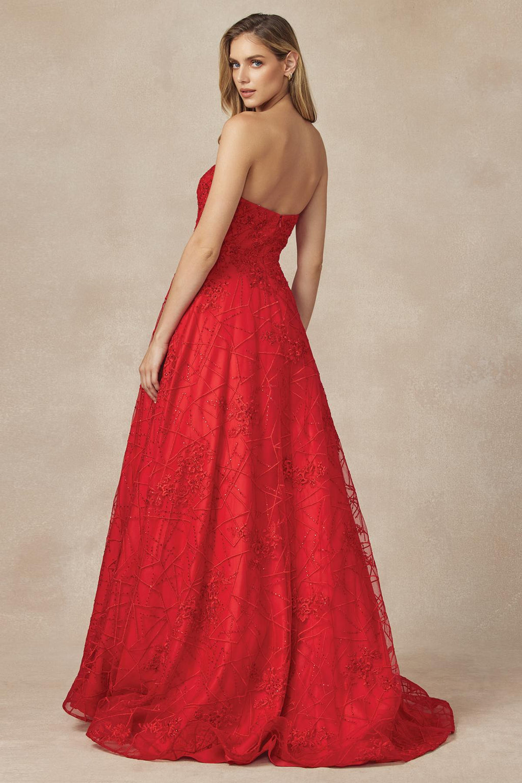 Red long ball gown dress, side view, strapless sweetheart bodice and embroidered lace skirt