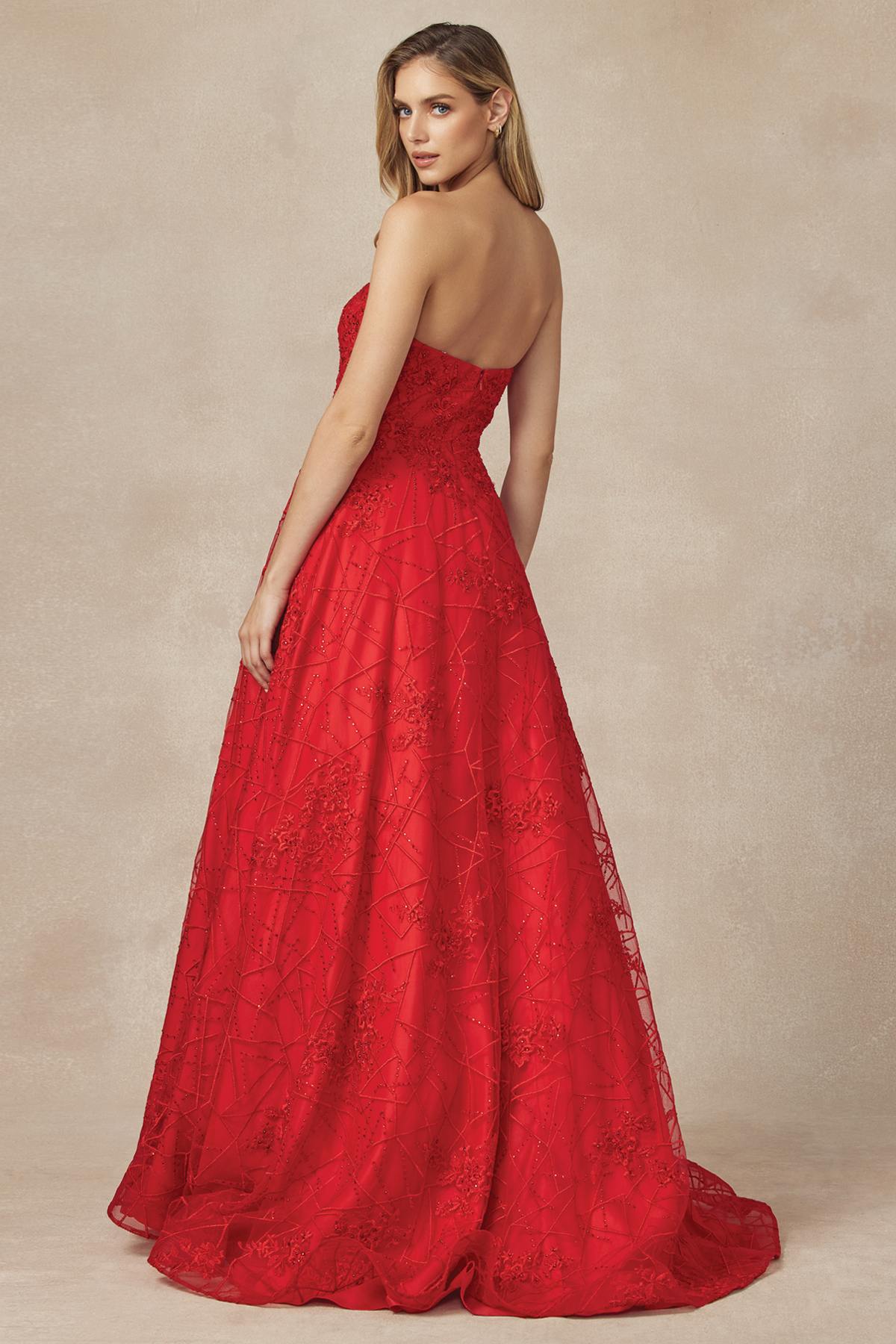 Red long ball gown dress, side view, strapless sweetheart bodice and embroidered lace skirt