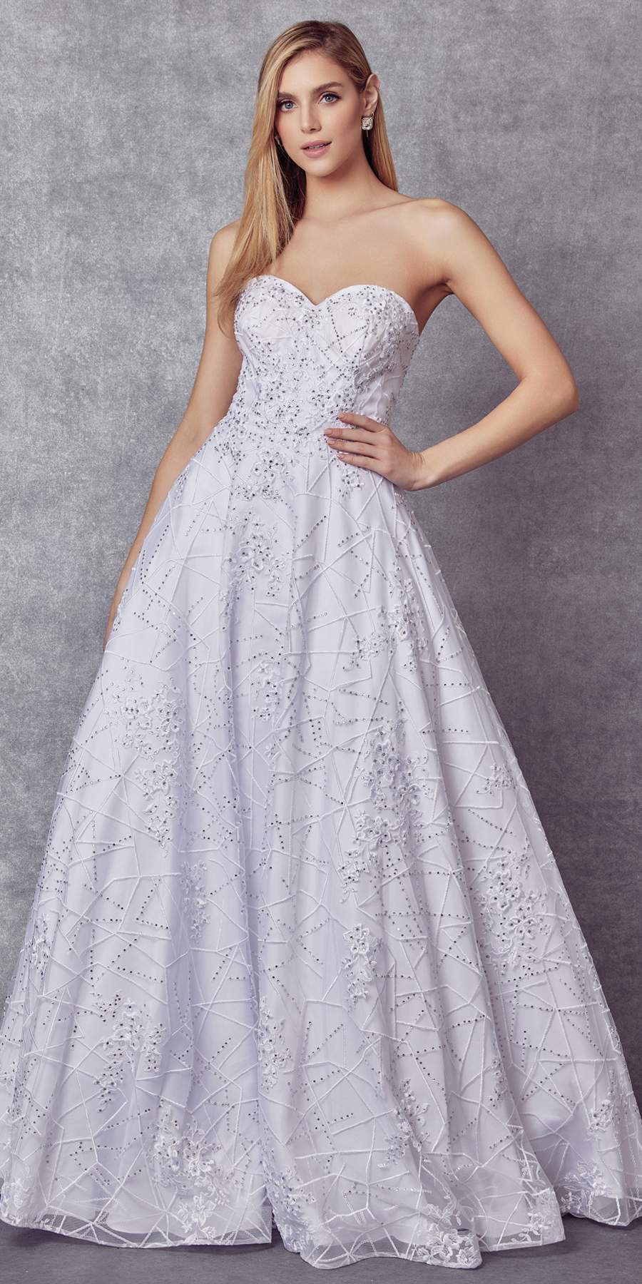 White embroidered lace ball gown dress with strapless sweetheart neckline