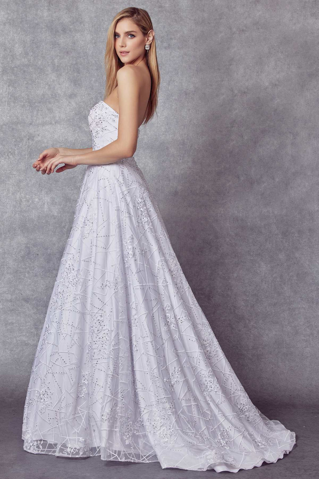 White lace ball gown dress with strapless sweetheart neckline and fitted bodice