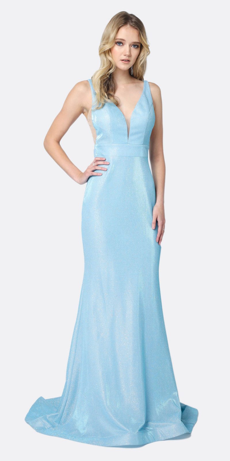 Light blue glitter sheath dress with deep V neckline, sleeveless, floor length