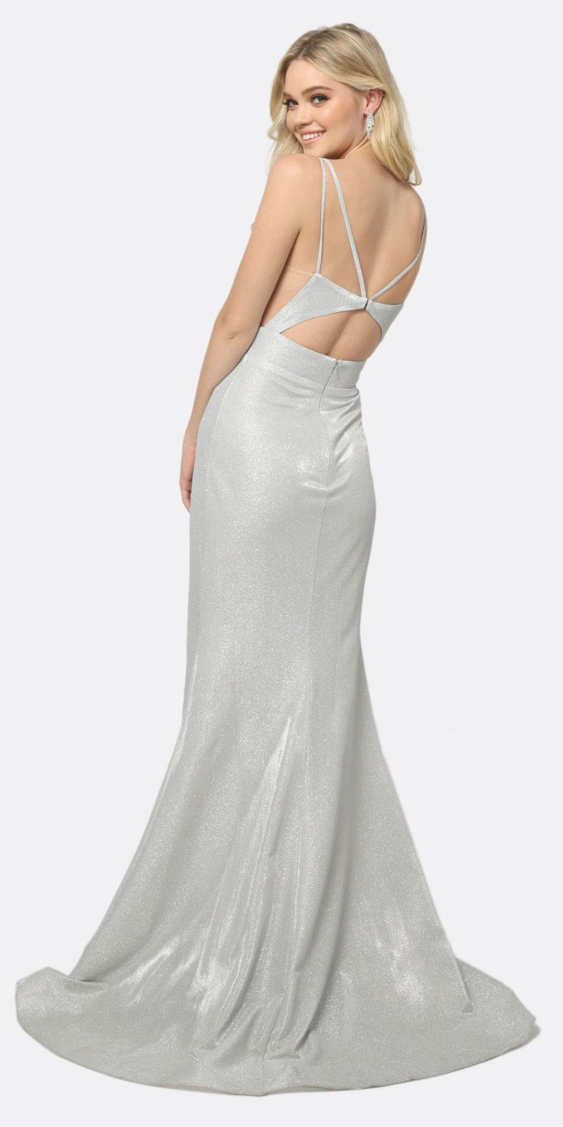 Silver glitter sheath dress with open back, spaghetti straps, floor length