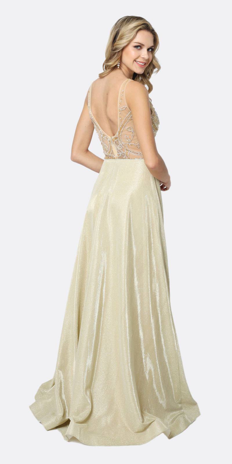 Sleeveless metallic glitter dress with V-back embellished bodice, champagne gold
