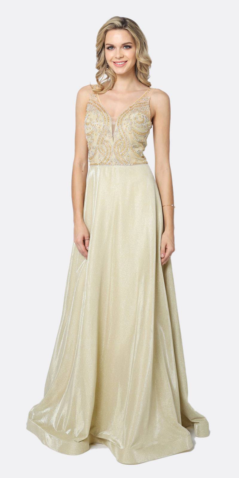 Sleeveless metallic glitter dress with V-neck embellished bodice, rose gold