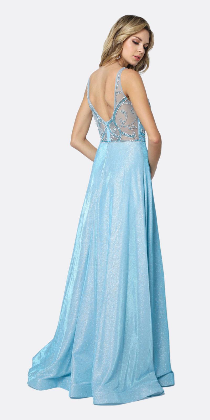 Metallic glitter sleeveless V-neck dress with embellished back, light blue tone