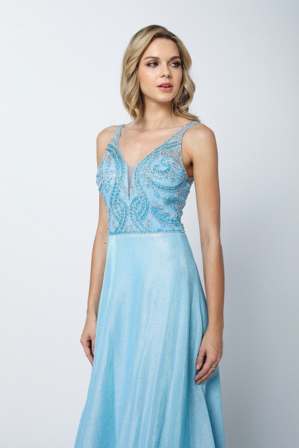 Sleeveless metallic glitter dress with V-neck embellished bodice, light blue