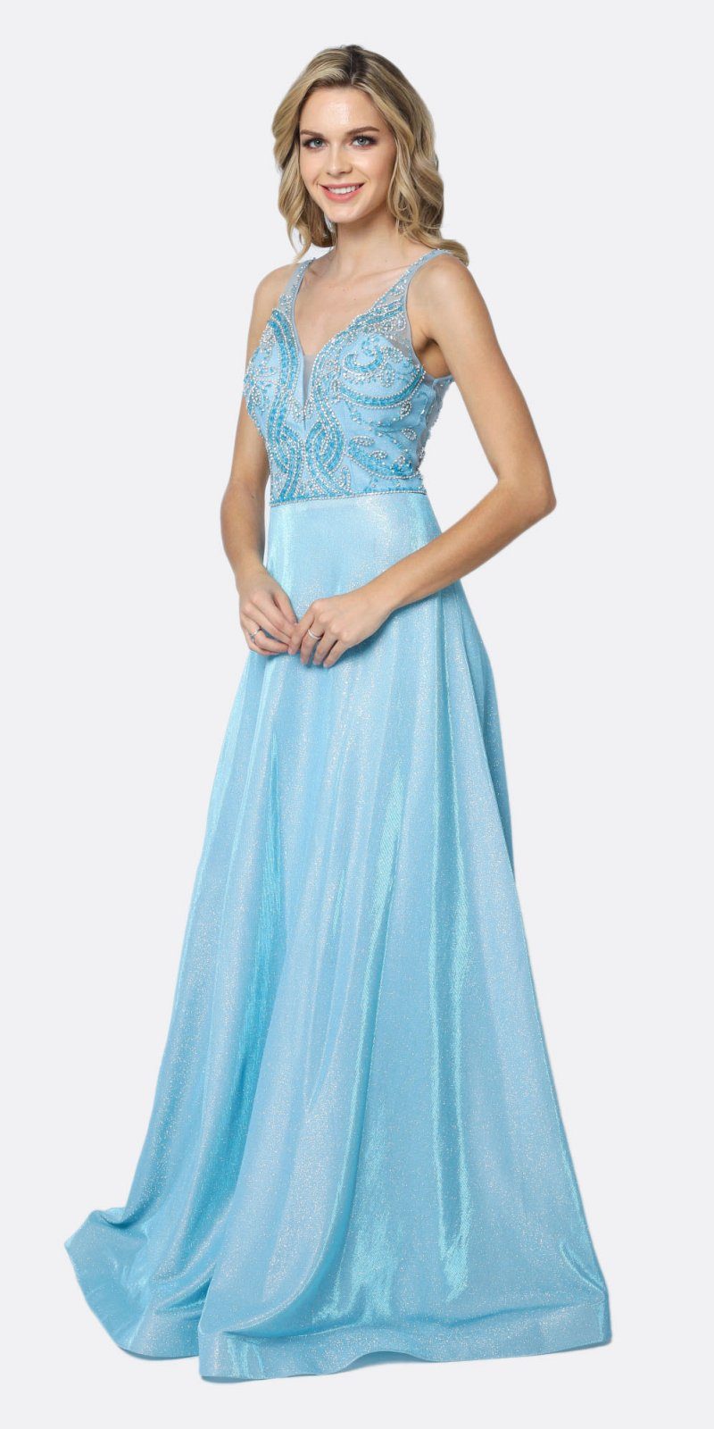Metallic glitter sleeveless V-neck dress with embellished bodice, light blue tone, front view