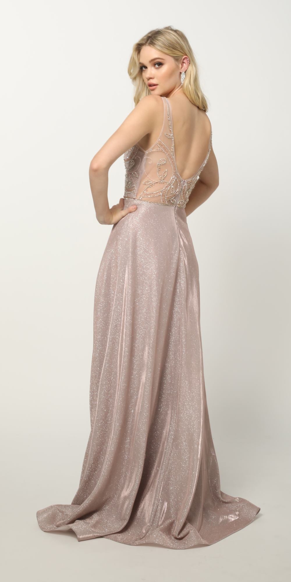Metallic glitter sleeveless dress with embellished back, rose tone, full length