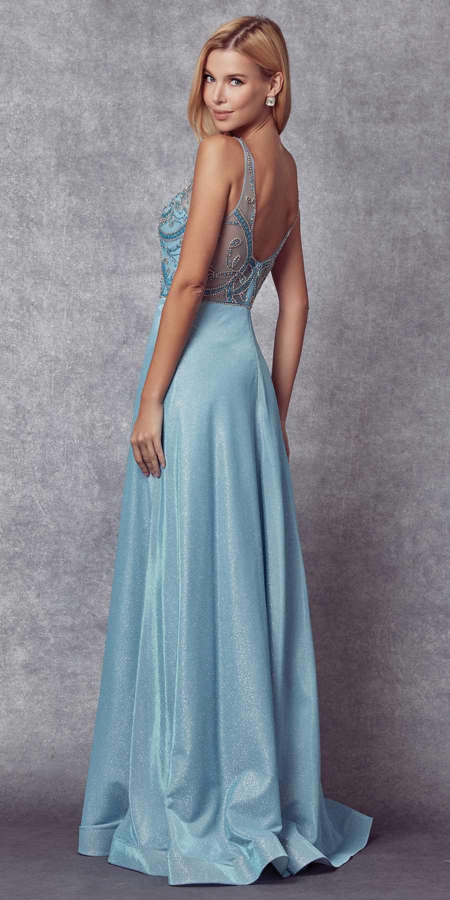 Metallic glitter sleeveless dress with embellished back and V-neck, light blue tone, side view