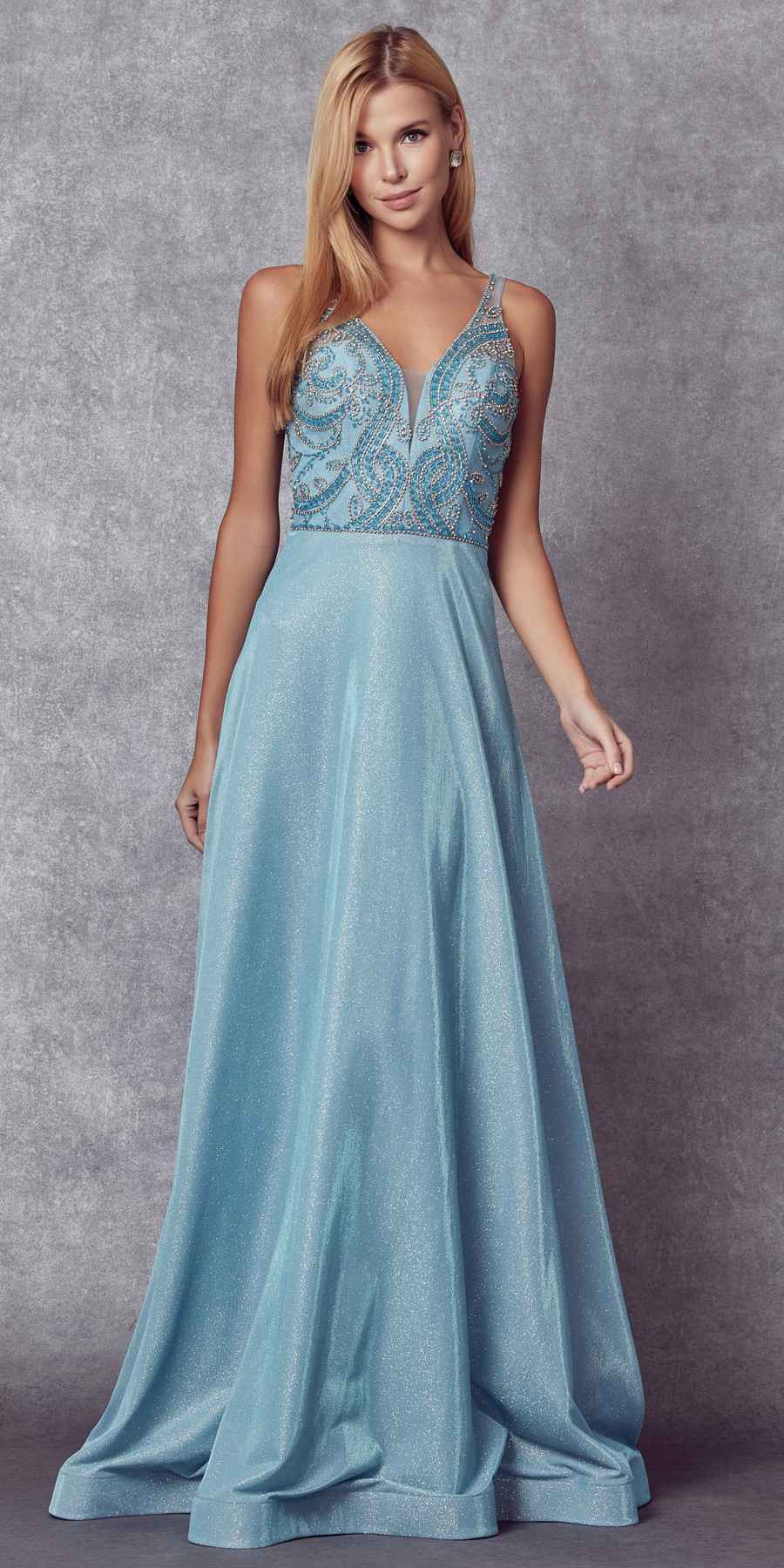 Metallic glitter V-neck sleeveless dress with embellished bodice, light blue tone, front view