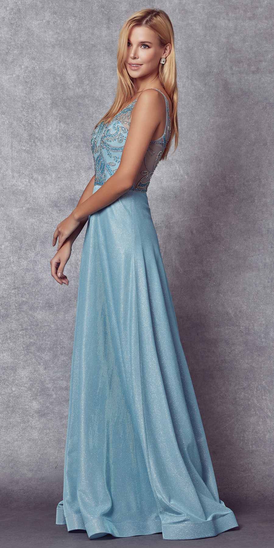 Metallic glitter V-neck sleeveless dress with embellished bodice, light blue tone, side view