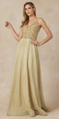 Metallic glitter V-neck sleeveless dress with embellished bodice, full length, gold tone