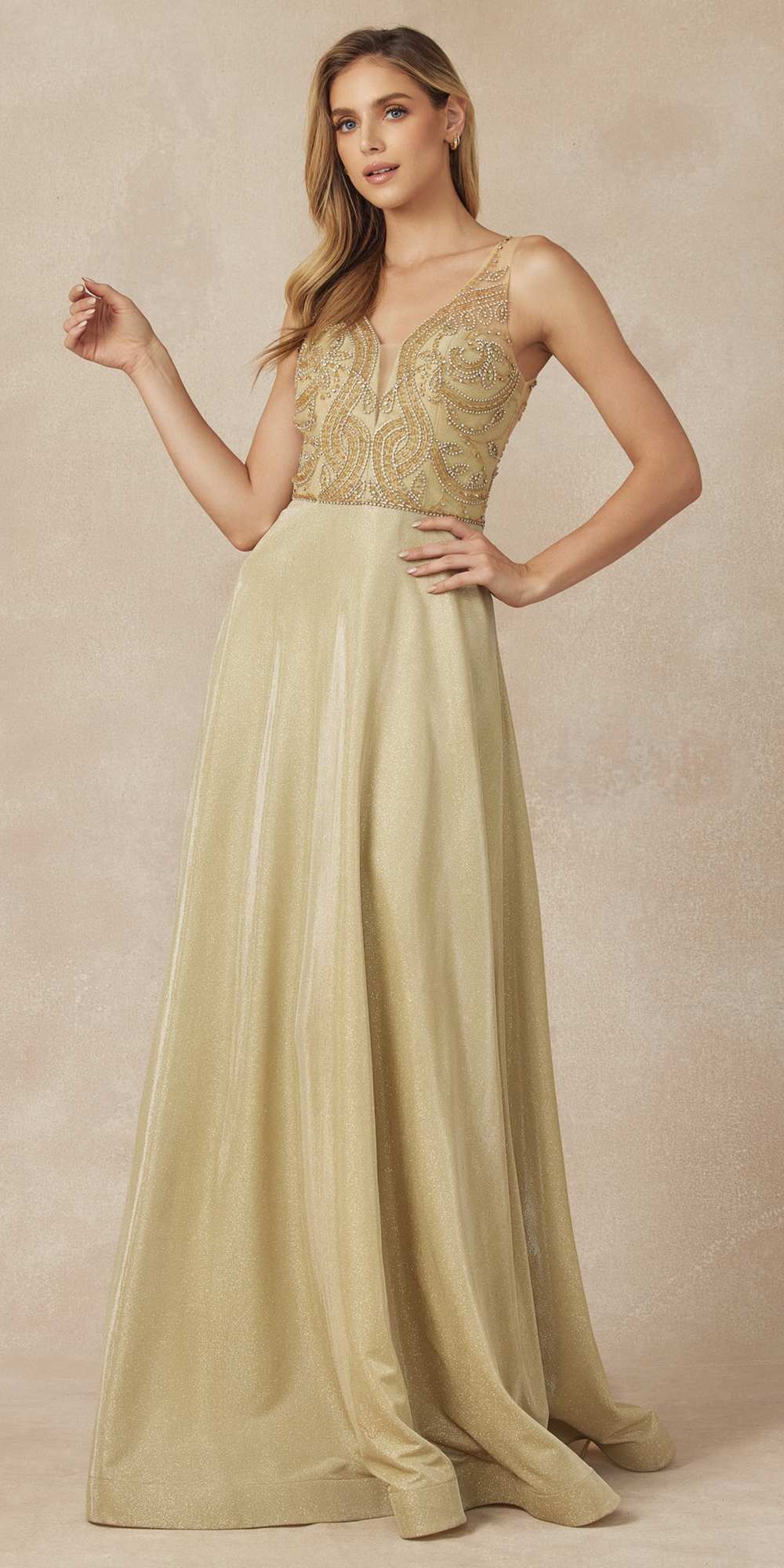 Metallic glitter V-neck sleeveless dress with embellished bodice, full length, gold tone