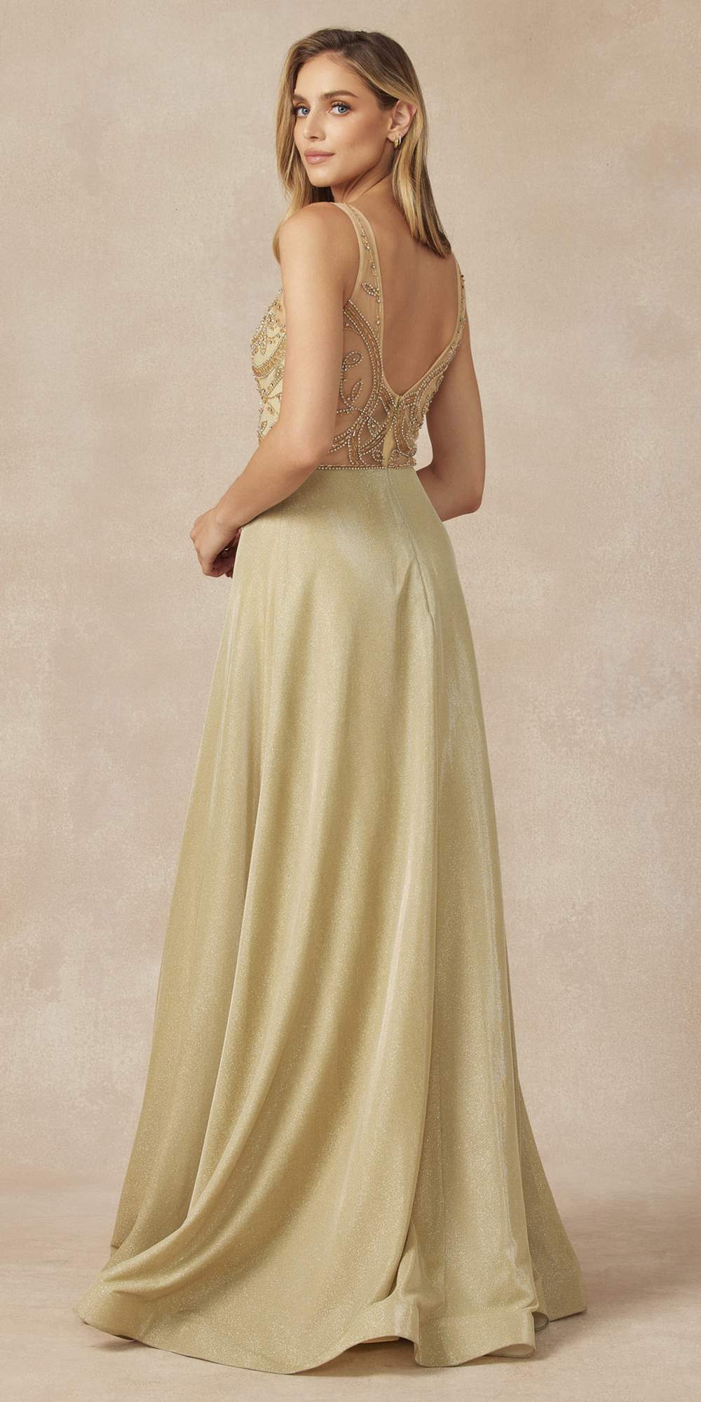 Metallic glitter V-neck sleeveless dress with embellished bodice, gold tone, side view